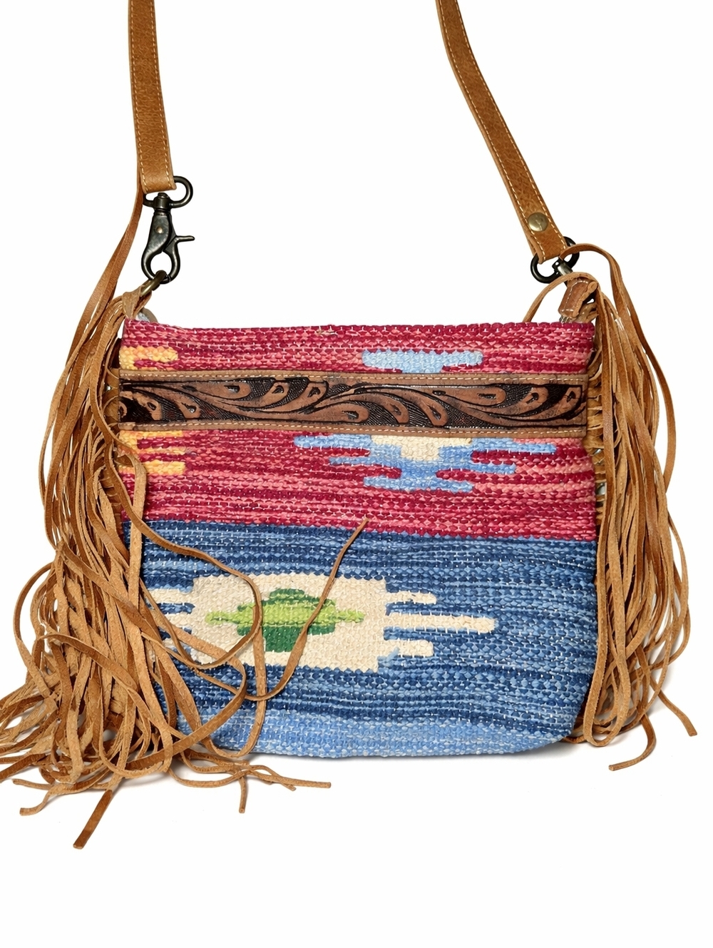 Myra Bag Multicolor Woven Fringe Crossbody in Red, Blue & Tan